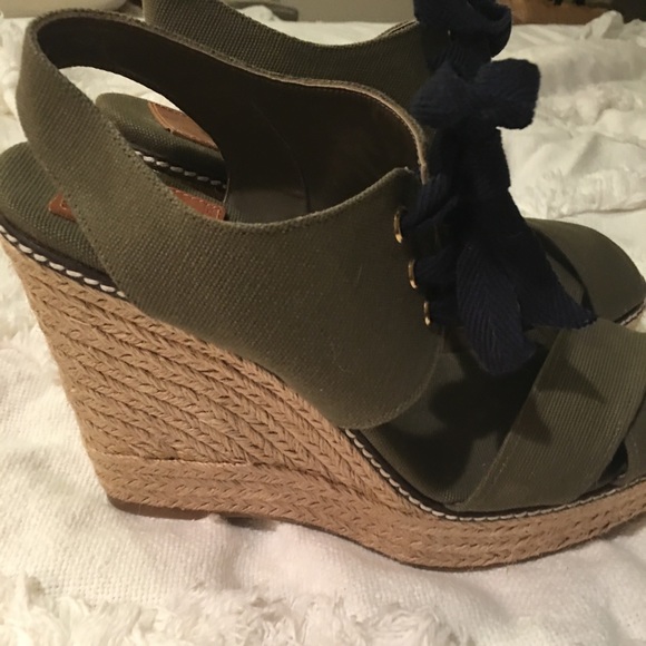 Tory Burch Shoes - Tory Burch Wedges Dark Green Canvas Size 10B